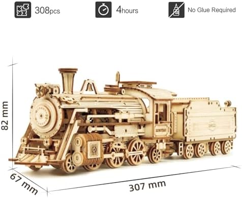 ROKR 3D Wooden Puzzle for Adults Mechanical Car Model-DIY Building Vehicle Kits-Brain Teaser Toys-Gift for Men Women on Birthday/Christmas Day (Steam Train Model with Carriage) - Image 5