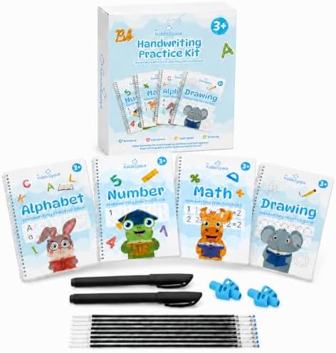 Kiddospace Magic Grooved Writing Practice for Kids Ages 3-8 - 4 Large Reusable Handwriting Workbooks - Alphabet, Numbers, Math & Drawing - Grooved Tracing Books with Disappearing Ink Pen Included by TheKiddoSpace