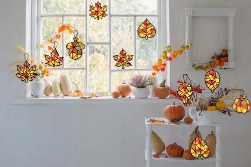Renbuzhu 40PCS Fall Crafts Bulk: Leaves Pumpkins Paper Suncatchers DIY Kit for Autumn Thanksgiving Activities Decorations, Window Stained Glass Effect Art Supplies(Black Frame) - Image 6