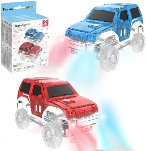 PicassoTiles LED Magnetic Race Car 2-Pack, STEM Track Accessory Toy Ages 3+ by PicassoTiles