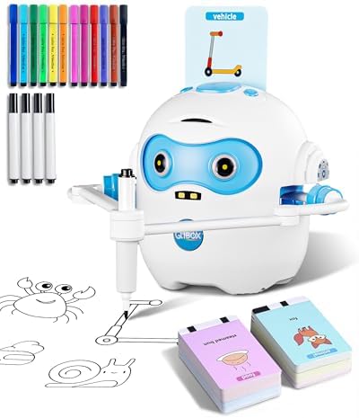 Drawing Robot for Kids, Rechargeable 4-in-1 Draw/Learn/Spell/Music Interactive Educational Robot Drawing Machine with 100 Cards & 12 Color Pens, Learning Toys for 3-8 Year Old Boys Girls Birthday Xmas by QIBOX