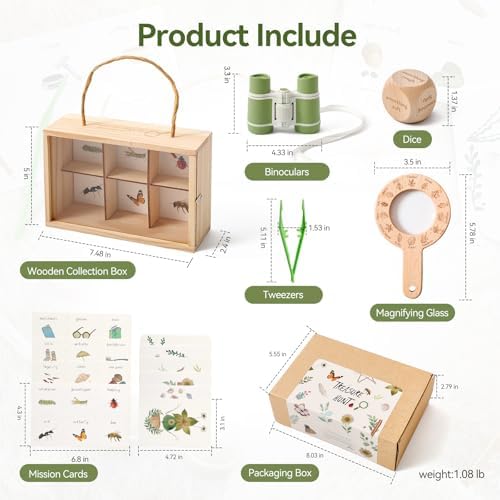 WOODEN TEETHER Kids Outdoor Explorer & Scavenger Hunt Play Set, Nature Exploration Kit with Knot-Tying Board, Binoculars, Compass, Specimen Box & Treasure Cards, STEM Gift for Ages 4–8 - Image 3