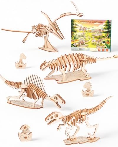 3D Wooden Dinosaur Puzzle, 4 Kits - Raptor, Pteranodon, STEM Toy 8-12 by Kryxon