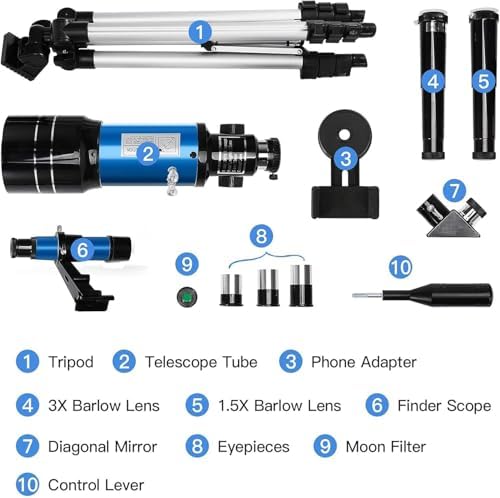 Telescope for Kids & Adults, 70mm Aperture 300mm Telescopes for Astronomy Beginners, 15X-150X Magnification Portable Refractor Telescope with Adjustable Tripod, Phone Adapter - Image 7