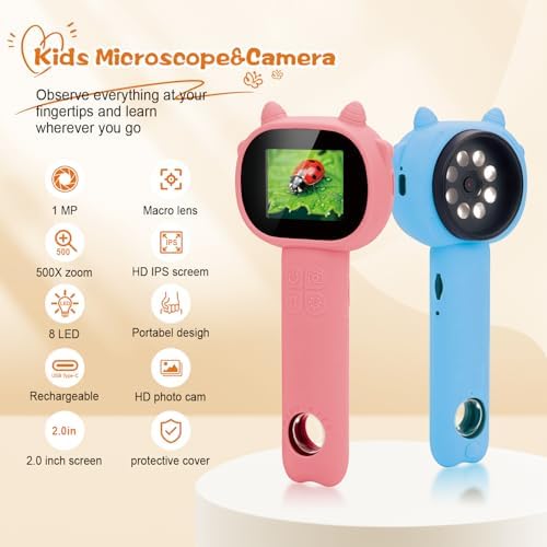 Microscope for Kids - 2.4" Screen Mini Pocket Handheld Microscope for Toddlers-STEM Educational Science Kit Toys for Christmas Birthday Gifts Science Kit Toddler for Boys Girls Aged 3-12 (Pink) - Image 2