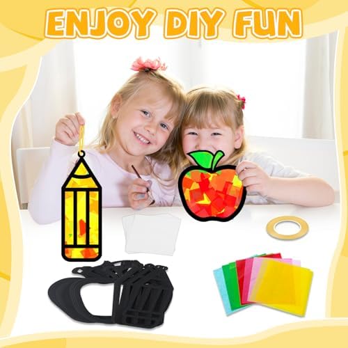 32 Sets Back to School Apple Pencil Suncatchers Craft Kit DIY Window Stained Glass Effect First Day of School Paper Craft Home Classroom Decoration Kid Birthday Gift Creative Art Project Activity Game - Image 4