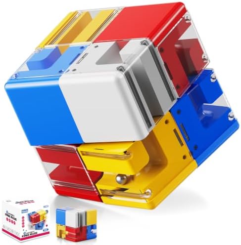 3D Maze Cube Ball Puzzle Brain Teaser for Adults & Kids, Educational Learning Toys Logical Thinking, Family Board Games Tabletop, Durable Puzzle Cube (White&Blue&Red&Yelllow-C, 2.8x2.8x2.8) by Unknown