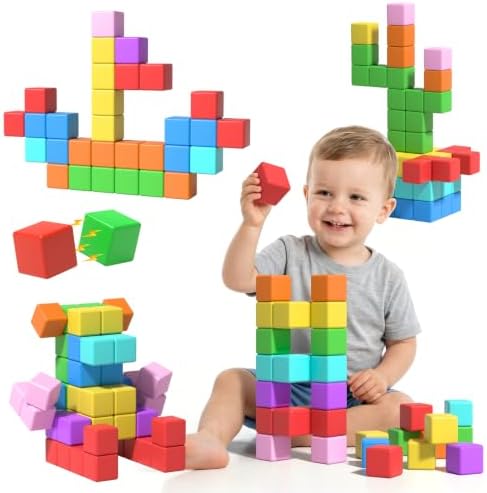 Large Magnetic Blocks,56PCS 1.34in 3D Building Cubes for Kids Ages 3+ by ASAGO