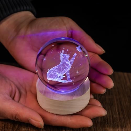 60mm 3D Crystal Ball Cat Lover Gifts for Women Cat Themed Sympathy Figurines Decor Gifts with Wooden Light Base - Image 6