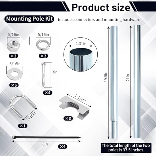 Blulu Mounting Pole Kit for Weather Station - Heavy Duty Galvanized Steel with Stainless Hardware, Adjustable 19.5” to 37.5” Height for Outdoor Sensors & Solar Panels - Image 2