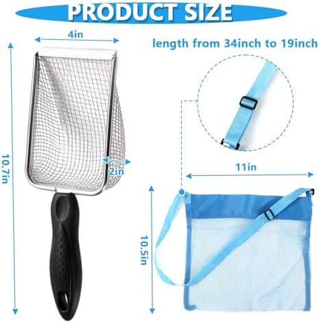 fethwoin 2Pcs Shark Tooth Sifter with 2Pcs Mesh Shell Bags, Beach Sand Sifter, Sea Shell Scooper for Beach, Sand Beach Toys for Kids, Medium, Blue - Image 2