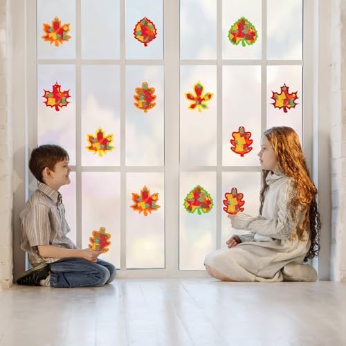 Renbuzhu 40PCS Fall Crafts Bulk: Leaves Paper Suncatchers DIY Kit for Autumn Thanksgiving Activities Decorations, Window Stained Glass Effect Art Supplies(Colorful) - Image 6