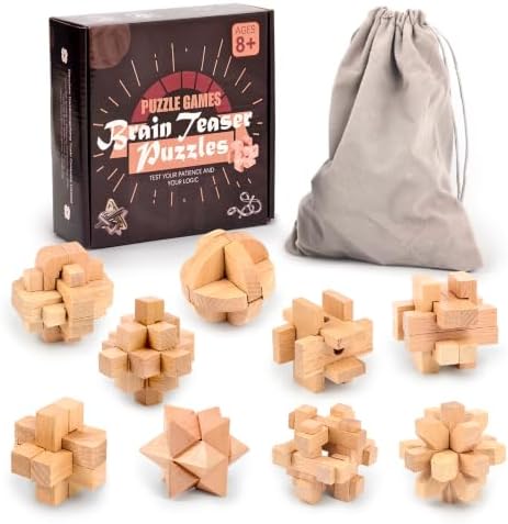 VolksRose 9pcs Wooden Brain Teaser Puzzles, IQ Challenge Puzzle Games, Logic Mind Puzzle Box Lock Toy Disentanglement 3D Small Brain Puzzle Gift Set for Adults Teenagers Kids, 1.8inch 4.5cm by VolksRose