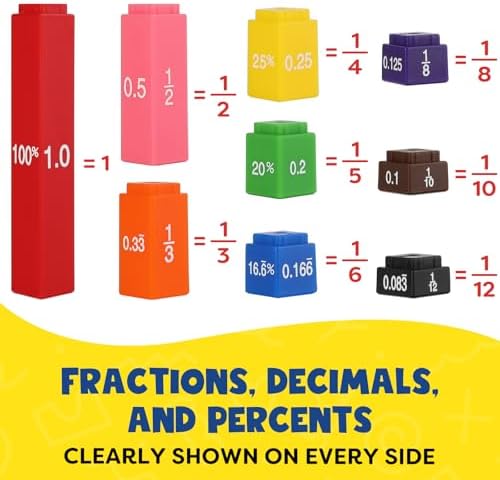 Aizweb Interlocking Fraction Manipulatives Cubes-Fraction Tiles Blocks,Equivalency Percent Decimals Cubes,Math Games Activity for Elementary Kids,Fraction Learning Tools Homeschool Classroom Supplies - Image 3