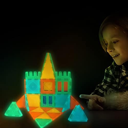 Tytan Tiles Glow in The Dark 60-Piece Magnetic Tiles Building Set, Diverse Multi-Color Shapes, STEM Toy, Cars, Creative Play, Storage Bag & UV Keychain Flashlight for Drawing on Tiles, Ages 3 and Up - Image 2