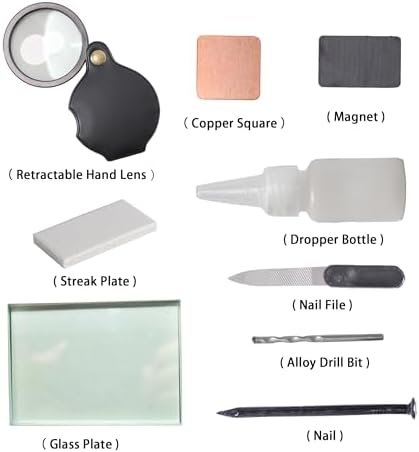 Mineral ID Kit - 9 Pieces - Includes Dropper Bottle, Streak Plate, Glass Plate, Magnet, Nail, Copper Sheet, Retractable Hand Lens, Nail File, Alloy Drill Bit for Geology Classrooms - Image 2