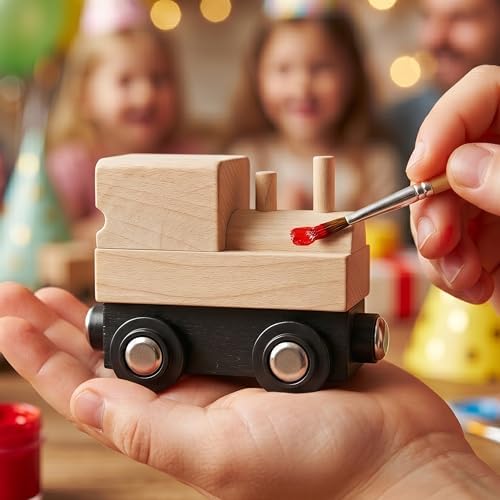 12 Pcs Unpainted Wooden Train And Stickers - Craft Kit – Magnetic Engines with 12 Sticker Sheets – Compatible with All Major Wooden Railway Brands – Art Project for Kids & Birthday Party Favors - Image 6