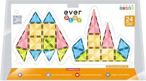 Magnetic Tile Travel Size Mini Diamond Tiles Set 24pcs STEM Toy Compact Blocks Compatible Construction Educational Building Kit for Brain Development Montessori Learning for Kids Age 3+ EPM24 by Everplay