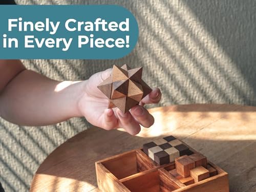 BSIRI 4 in 1 Wooden Brain Teaser Puzzles for Adults - Challenging 3D Desk Wood Puzzles Set Interlocking Hand Games for Mind Toys Suits for Rustic Patio Decor Unique Gift Office Decoration - Image 6