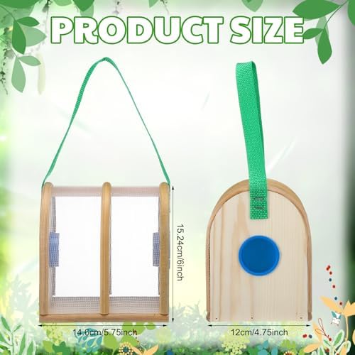 Yinkin Wooden Bug Cage Dual Chamber Critter Box Butterfly Cage with Nylon Carrying Strap Wooden Bug Box Critter Insect Viewer Catcher Habitat Summer Camping Vacation Outdoor Stem Educational Activity - Image 2