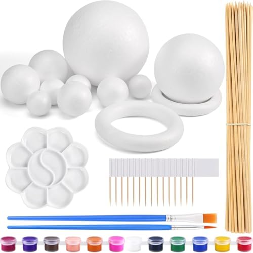 48PCS Solar System Model Foam Ball Kit Includes 10 Sizes Polystyrene Spheres Balls, Bamboo Sticks, Toothpick Flags, 12 Color Pigments, Brushes, Paint Tray Palette for School Science Projects by Ourtroness
