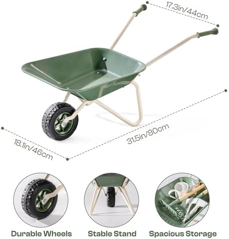 ROBUD Kids Wheelbarrow with Gardening Tools Set, Educational Kids Gardening Set with Kid Wheelbarrow, Toddler Gardening Set, Watering Can, Plant Labels, for Ages 3+ Boys Girls(Green) - Image 2