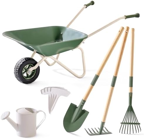 ROBUD Kids Wheelbarrow with Gardening Tools Set, Educational Kids Gardening Set with Kid Wheelbarrow, Toddler Gardening Set, Watering Can, Plant Labels, for Ages 3+ Boys Girls(Green) by ROBUD