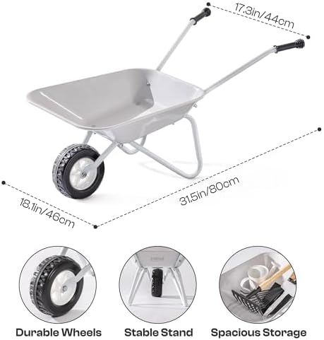 ROBUD Kids Gardening Tools Outdoor Toys Set Backyard Play with Kids Wheelbarrow-9pcs Metal Toddler Wheelbarrow, Garden Tools, Watering Can, Plant Labels for Ages 3+ (Grayish White) - Image 2