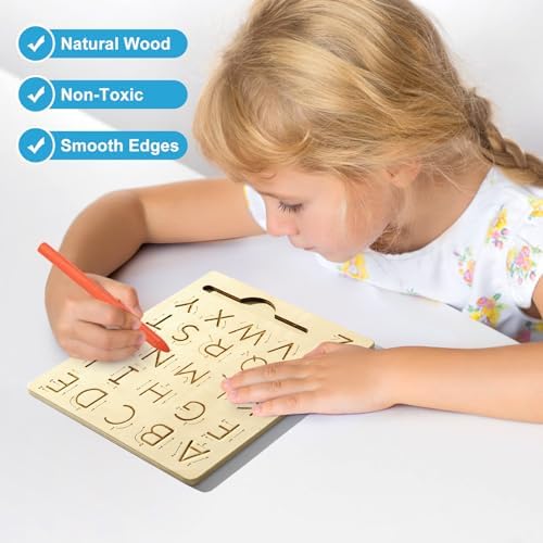 Wooden Letters Practicing Board,Reusable Handwriting Alphabet Tracing Board Double-Sided Toddlers and Preschool Gifts Learning Toys Learning to Write ABC for Kids Ages 3-8 - Image 4