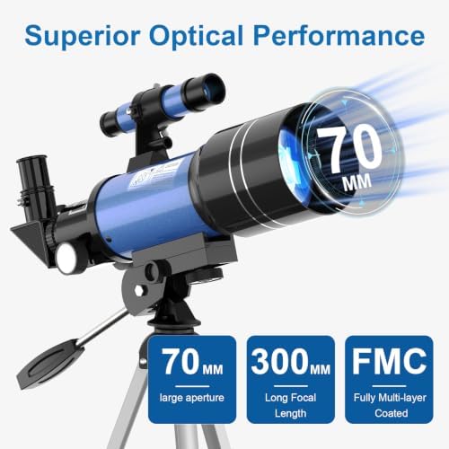 Telescope for Adults & Kids, 70MM Aperture FMC Optics Telescopes for Astronomy Beginners, 300MM Refractor Telescope (15X-150X) with Phone Adapter and Tripod, Travel Gifts for Moon, Jupiter and Star - Image 3