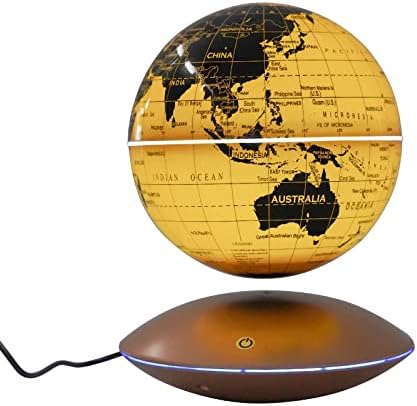 Magnetic Levitation Globe w/UFO-Shaped Base, 6 Inch Rotating Geographic Globe with LED Light, Auto Rotation Suspended Floating World Map Night Light for Table Desk Decor Holiday Gift, Gold by Unknown