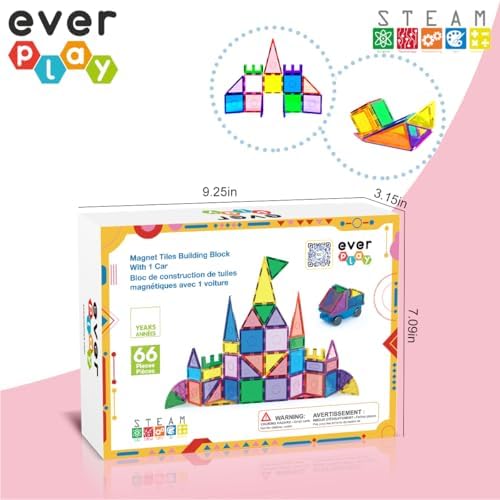 66 pc Magnetic Tiles with Multicolored Car Set, Building Blocks Toys, STEM Educational Learning Magnet Toy Preschool Montessori Boys & Girls Smart Kit Games Gifts for Age 3+ Kids Toddlers - Image 3