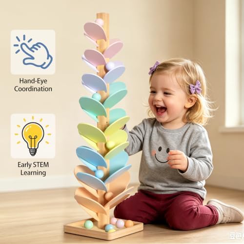 Gotoofun Wooden Marble Run Music Tree, Montessori Rainbow Singing Tree with 12 Extra-Large 3cm Balls, Color Sorting STEM Learning Toy, Wooden Ball Run Game Gift for Kids Ages 3+ - Image 3