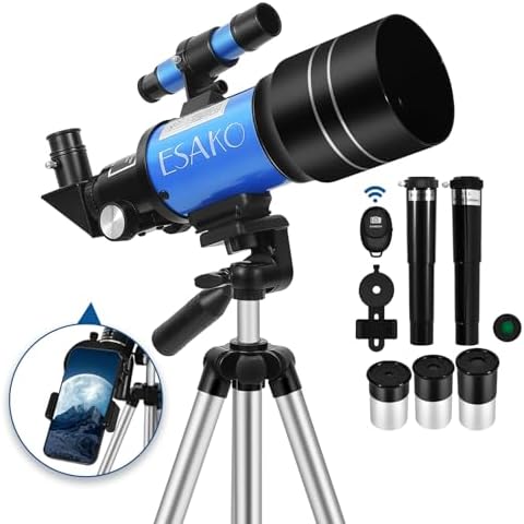 ESAKO Telescope for Kids & Beginners, 70mm Aperture Portable Telescopes with 3 Eyepieces, Height Adjustable Tripod & Phone Adapter & Remote Control Gift for Christmas by ESAKO