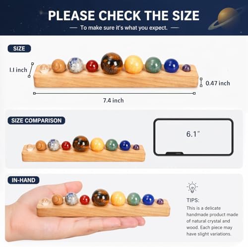 ZENFUN Nine Planets in Solar System with Wooden Stand, Natural Gemstones Sphere Solar System Model Kit, Planet Marbles, Desktop Display & Collection Model, Ideal for Astronomy Enthusiasts - Image 3