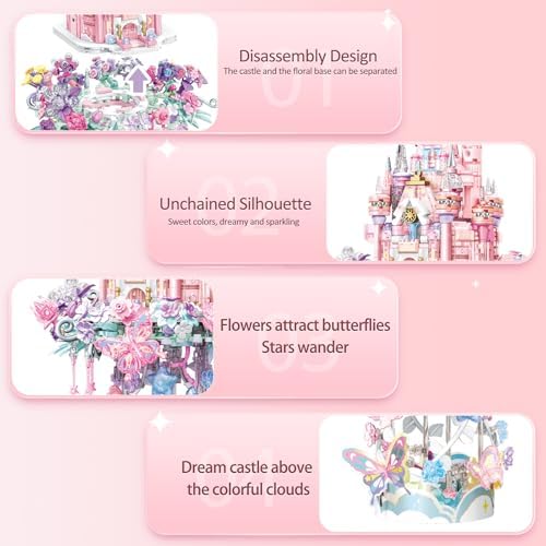 MEIEST Flower Castle Building Blocks Set,Dream Castle On a Cloud Particle Construction Building Bricks Toy,Flowers Butterfly Star Castle Home Decoration - Image 6