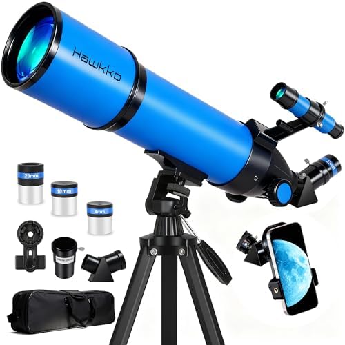 Hawkko Telescope for Adults & Kids, 80mm Aperture 600mm High Powered Telescope for Astronomy Beginners - Refractor Telescopes with AZ Tripod, Phone Adapter and Portable Bag for Moon Observation by Hawkko