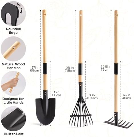 ROBUD Kids Gardening Tools Outdoor Toys Set Backyard Play with Kids Wheelbarrow-9pcs Metal Toddler Wheelbarrow, Garden Tools, Watering Can, Plant Labels for Ages 3+ (Grayish White) - Image 3
