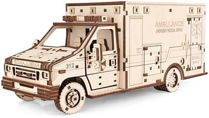 EWA Eco-Wood-Art Ambulance 3D Wooden Puzzle, 386 Pieces, Ages 14+, 11.61 x 5.08 Inches, Wood Construction Model Kit by EWAEcoWoodArt