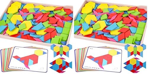 3 otters Wooden Pattern Blocks Shapes for Kids, Geometric Tangram Puzzle with Activity Cards, 150 PCS Educational Toy (Pack of 2) by 3otters