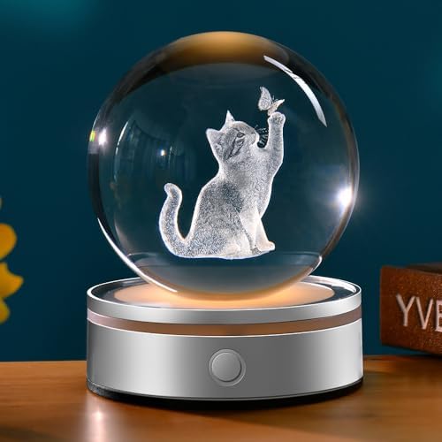 3D Cat Crystal Ball Gifts for Women 80mm Cat Themed Gifts for Girls by ZRENJHUS