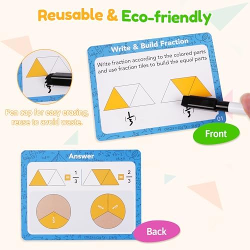 Fraction Manipulatives for Kids, Wooden Fraction Tiles, Fraction Circles & Fraction Bars, Montessori Math Manipulatives with 36 Activity Cards, Compare Fractions, Addition & Subtraction, Grade 1-4 - Image 6