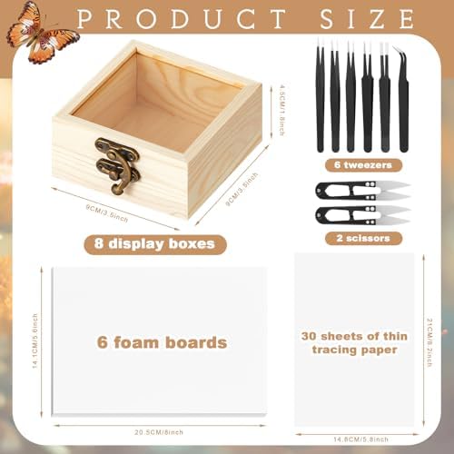 Spiareal 55 Pcs Insect Specimen Tools Kit Include 3.54 x 3.54 x 1.77 in 8 Pcs Display Case Box 6 Foam Pinning Board 3 Tubes Pins 6 Tweezers Butterfly Insect Pinning Kit Entomology Collection Supplies - Image 2