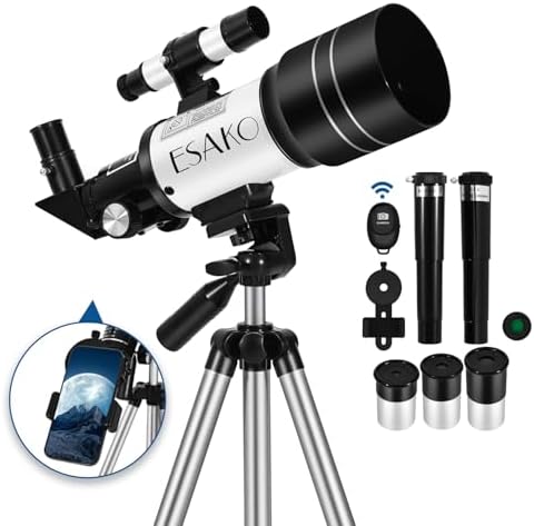 ESAKO Telescope for Kids & Beginners, 70mm Aperture Portable Telescopes with 3 Eyepieces, Height Adjustable Tripod & Phone Adapter & Remote Control Gift for Christmas by ESAKO