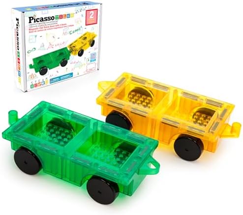 PicassoTiles 2pcs Magnetic Tiles Expansion Car Truck Building Blocks Compatible with regular bricks, Kids Magnet Bricks STEM Learning Toys, Add-ons Toddler Preschool 3 Years and up Boys and Girls PT21 by PicassoTiles