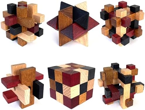 Wooden Brain Teaser Puzzles 6 Pack - 3D Brain Teasers for Adults & Kids - Educational and Fun Gift Ideas - Mind Puzzles by BluJay