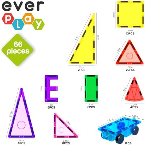 66 pc Magnetic Tiles with Multicolored Car Set, Building Blocks Toys, STEM Educational Learning Magnet Toy Preschool Montessori Boys & Girls Smart Kit Games Gifts for Age 3+ Kids Toddlers - Image 2