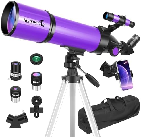 Telescope, Telescope for Adults & Kids & Astronomy Beginners, 80mm Aperture 600mm Portable Refractor Telescopes FMC Optics with AZ Mount Tripod, Phone Adapter, Moon Filter and Carrying Bag by HUGERSTAR