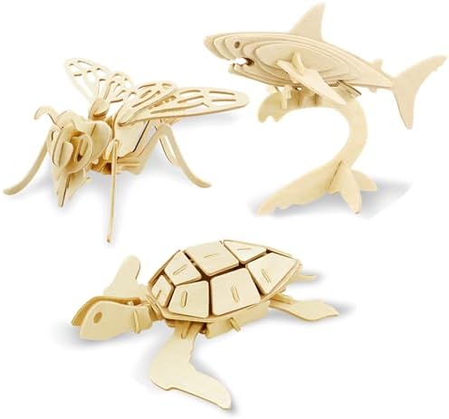 Georgie Porgy 3D Wooden Puzzles for Kids Toys Construction Woodcraft Kits DIY Model Puzzle Kits Birthday Gifts Pack of 3 (Bee Shark Sea Turtle) by GeorgiePorgy