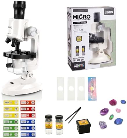 Kids Microscope Kit with LED Light - 100X/400X/1200X Magnification for STEM Learning, 12 Prepared Slides, Easy-to-Use Science Learning Kit (Ages 5-12) - White by LittleWorld